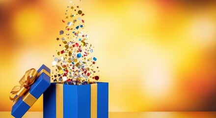 Blue gift box with gold ribbon exploding with colorful confetti on a vibrant gold background
