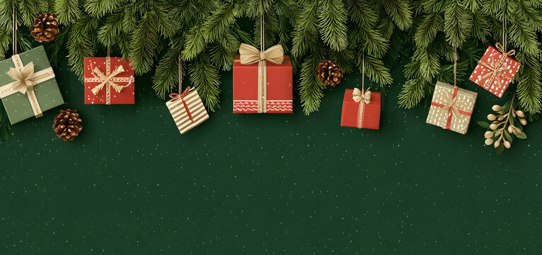 Christmas Holiday Banner with Hanging Gifts and Fir Branches on a Dark Green Background - Powered by Adobe