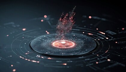 A dynamic abstract visualization of data flow and connectivity, featuring a central glowing element and radiating digital pathways.