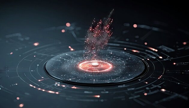 A dynamic abstract visualization of data flow and connectivity, featuring a central glowing element and radiating digital pathways.