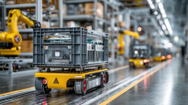 Humanoid robot transports batteries for electric vehicles in automated manufacturing plant, assembly line with robotic arms assembles compact electric cars - Powered by Adobe