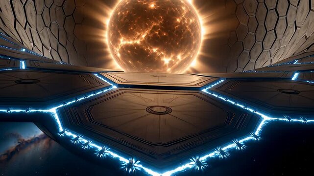 Futuristic Dyson sphere concept of a massive alien megastructure harnessing solar energy from a star in deep space, a science fiction animation.