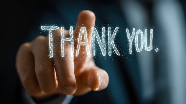 Businessman expressing gratitude and acknowledgment, touching 'thank you' text screen on smart background