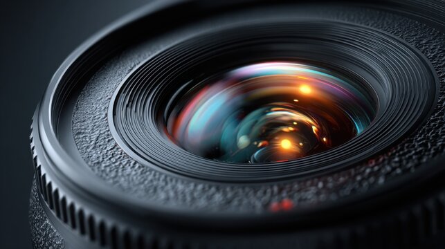 Close-up abstract of a modern camera lens with rainbow reflection showing the concentric circles and textures of the lens