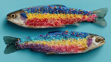 Two rainbow color fishes covered in colorful sprinkles displayed flat lay style, a surreal and minimalist food art concept on a pink background