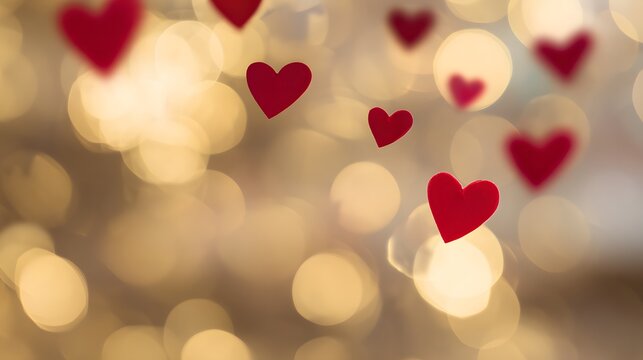 Romantic Valentine’s background of floating hearts and warm golden bokeh lights evokes intimacy