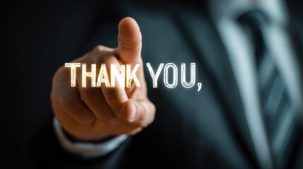 Businessman expressing gratitude and acknowledgment, touching 'thank you' text screen on smart background