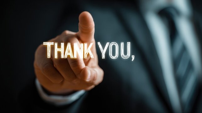 Businessman expressing gratitude and acknowledgment, touching 'thank you' text screen on smart background