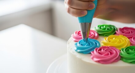 Decorating colorful flower cake with piping bag in kitchen