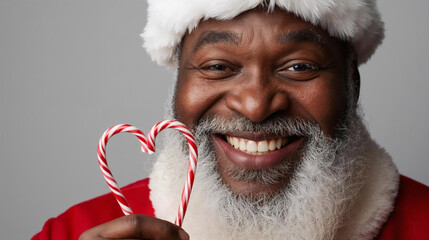 Close-Up of Black Santa Smiling and Holding a Heart-Shaped Candy Cane.