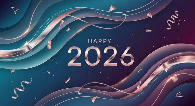 New Year's Eve 2026: A stylish and vibrant design for the New Year, full of festive energy, a sparkling visual treat with fluid lines, confetti, and celebratory vibes.