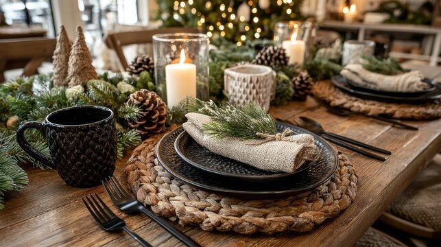 Rustic holiday table setting featuring dark tableware, pine cone accents, burlap napkins, and miniature evergreen centerpieces on a wood table