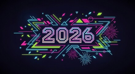 New Year Countdown 2026: An eye-catching, abstract design with vibrant neon colors and geometric shapes, setting the tone for a festive and forward-looking celebration.