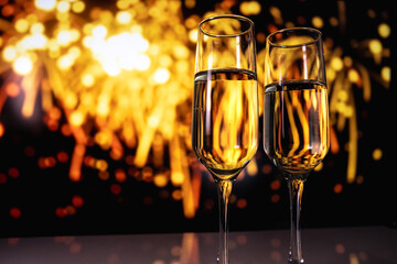 two sparkling champagne glasses captured just before fireworks illuminate night sky during festivities