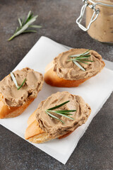 Bruschetta with chicken liver pate and rosemary on a grey background.