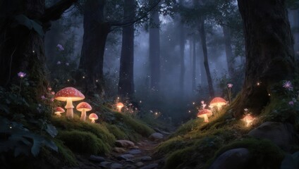 Fototapeta premium Enchanted Forest Path with Glowing Mushrooms and Fireflies at Dusk.