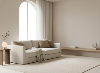 Minimalist living room with light beige sofa, modern spherical lamp, eucalyptus, and a large arched window with sheer curtains, creating a serene ambiance.