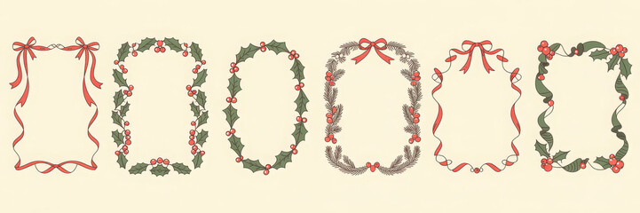 Set of decorative Christmas frames vintage style borders with holly and ribbons vector design elements for holiday cards and invitations