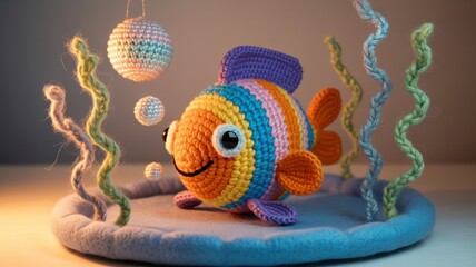 Naklejka premium A knitted underwater world made of multicolored yarn. A small fish made of colorful fur with big eyes and a friendly smile. The fish is surrounded by knitted bubbles and seaweed.