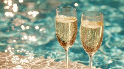 Two glasses of sparkling drink sit beside a pool with sunlight reflecting off the water's surface. It is a joyful moment perfect for celebration and relaxation.