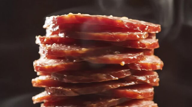 Stack of Sliced Salami Meat Close Up Food Photography.