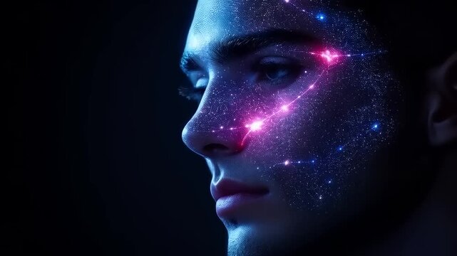 Conceptual visualization of human face with interconnected glowing network overlay