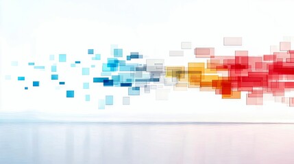 A dynamic composition of translucent squares transitioning in color from blue to red, creating a sense of movement and flow against a clean white backdrop.