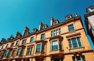 Fototapeta premium Classical Victorian building with windows and chimneys. Architectural facade in an urban setting. Historic style home exterior against blue sky. Residential apartment in a town.