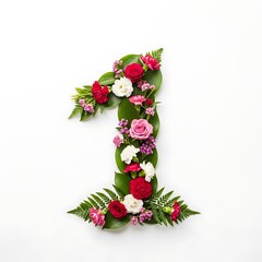 Floral Number 1 Made of Roses Carnations Daisies and Green Leaves Elegant Botanical Typography on White Background
