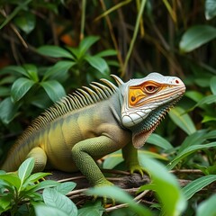 Fototapeta premium Close up view of a green iguana, in the forest.