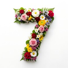 Floral Number 7 Arrangement Made of Colorful Flowers and Green Leaves on White Background Decorative Botanical Typography Art
