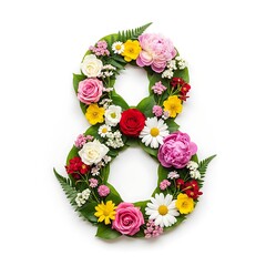 Floral Number 8 Arrangement Made of Colorful Flowers and Green Leaves on White Background Decorative Botanical Typography
