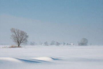 serene winter landscape featuring pristine snowdrifts gently blanketed by falling snowflakes under clear blue sky