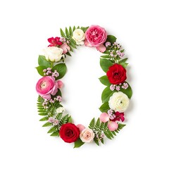 Floral Number 0 Made of Roses Ranunculus Daisies and Green Leaves Elegant Botanical Typography Design on White Background
