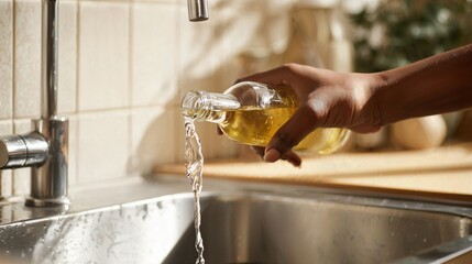 A person pours alcohol down the kitchen sink as part of their Dry January month challenge to stay alcohol-free.
