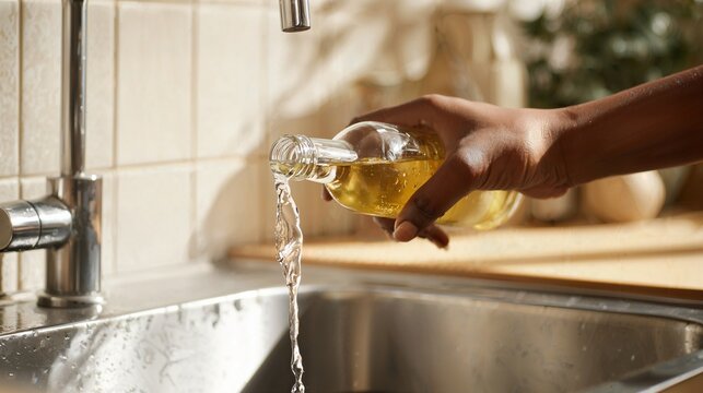 A person pours alcohol down the kitchen sink as part of their Dry January month challenge to stay alcohol-free. - Powered by Adobe