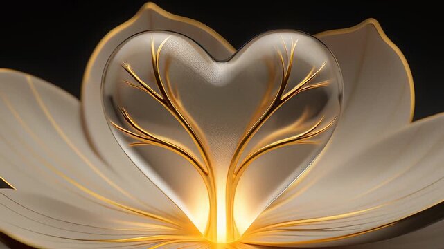 Embracing vulnerability and spiritual growth as a white and gold lotus flower blooms to reveal a luminous heart of glass, symbolizing self-love and healing in a 3D animation.