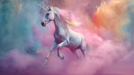 Obraz premium A unicorn is running through a cloud of pink and purple smoke. The colors of the smoke are vibrant and the unicorn's mane is flowing behind it. Concept of freedom and magic