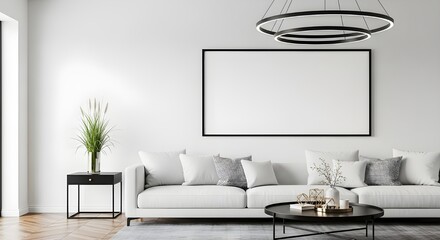 Modern living room interior design with white sofa blank frame mockup and round coffee table decor ideas