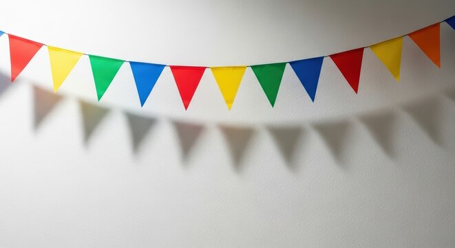 Colorful triangle bunting decoration on white wall