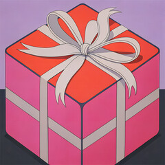 Bright gift box illustration in pink and red with large white ribbon and bow, clean stylized drawing on soft purple background, festive present design.