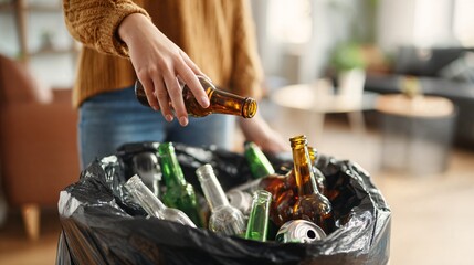A person places empty glass bottles into a recycling bin as part of their commitment to the Dry January month challenge, highlighting their choice to give up alcohol.