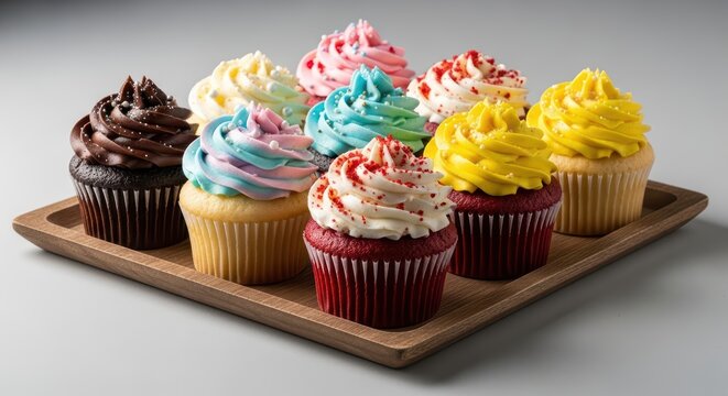 Colorful assorted cupcakes with varied frosting on wooden tray - Powered by Adobe