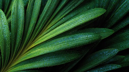 Naklejka premium Close up of vibrant green palm leaf showing natural textures and water droplets after a rain in a tropical location
