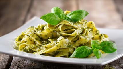 A plate of pasta with a generous amount of basil on top. The pasta is covered in cheese and looks delicious