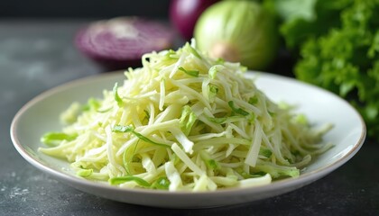 Pile of fresh shredded cabbage in a white bowl. Ingredients for coleslaw or salad. Vegetables include red onion and lettuce. Healthy meal prep.