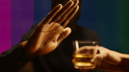 Refusal of alcohol, Dry January conceptual image. Close-up of a person’s hand raised in a stop gesture, refusing a glass of alcohol offered by another hand, symbolizing abstinence and challenge month