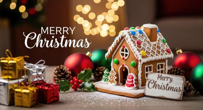 A gingerbread house sits among gifts, shiny baubles, and pine cones, wishing everybody a merry christmas. Small presents are also stacked nearby, illuminated by sparkling lights