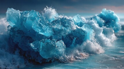 Ice blue crystal chunks scattered along a sandy beach with ocean waves and a cloudy sky