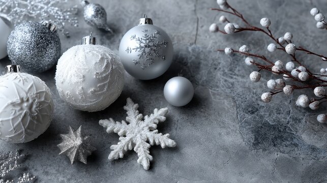 Elegant christmas ornament flat lay on grey background creating a minimalist winter aesthetic look with snowflakes, festive branches, and baubles